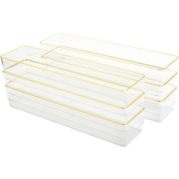 Martha Stewart Kerry Plastic Stackable Office Desk Drawer Organizers, 2inH x 3inW x 12inD, Clear/Gold Trim, Pack Of 6 Organizers