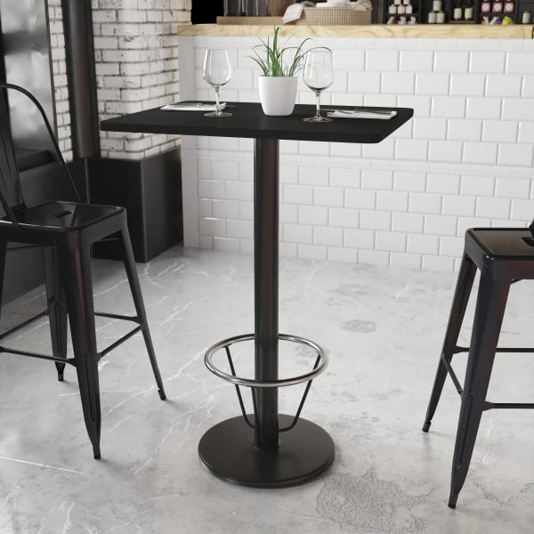 Flash Furniture Rectangular Laminate Table Top With Round Bar Height Table Base And Foot Ring, 43-3/16inH x 24inW x 30inD, Black