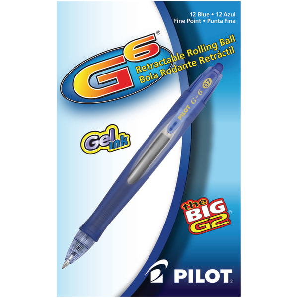 Pilot G-6 Retractable Gel Ink Rollerball Pens, Fine Point, 0.7 mm, Blue Barrel, Blue Ink, Pack Of 12