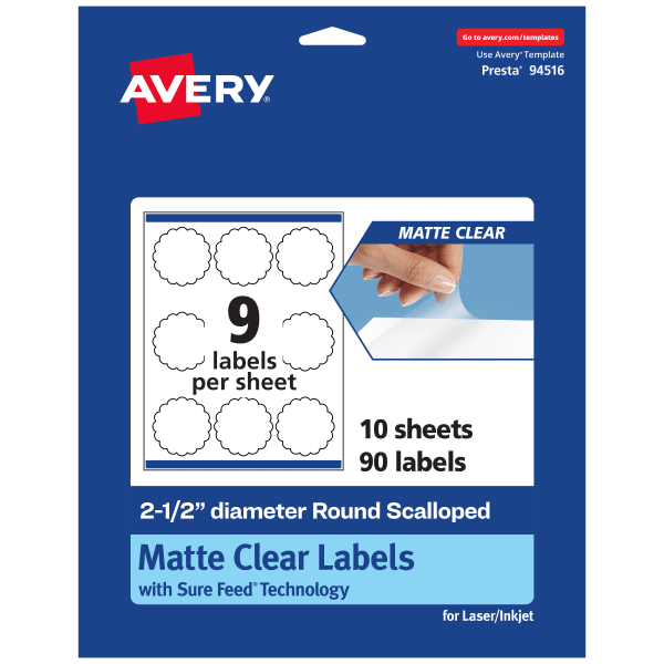Avery Permanent Labels With Sure Feed, 94516-CMF10, Round Scalloped, 2-1/2in, Matte Clear, Pack Of 90