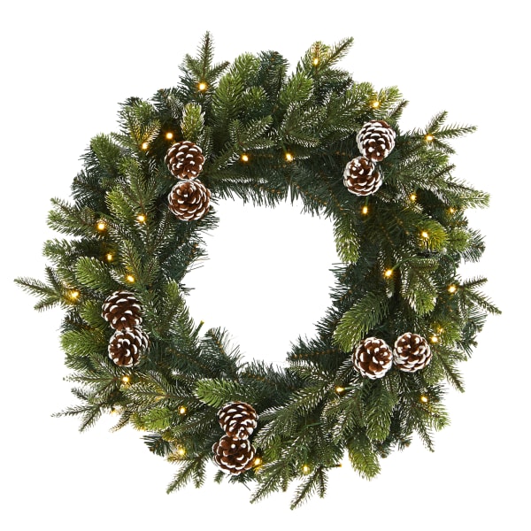Nearly Natural 24inH Snowed Pine Cone Artificial Christmas Wreath With 35 LED Lights, 24in x 5in, Green