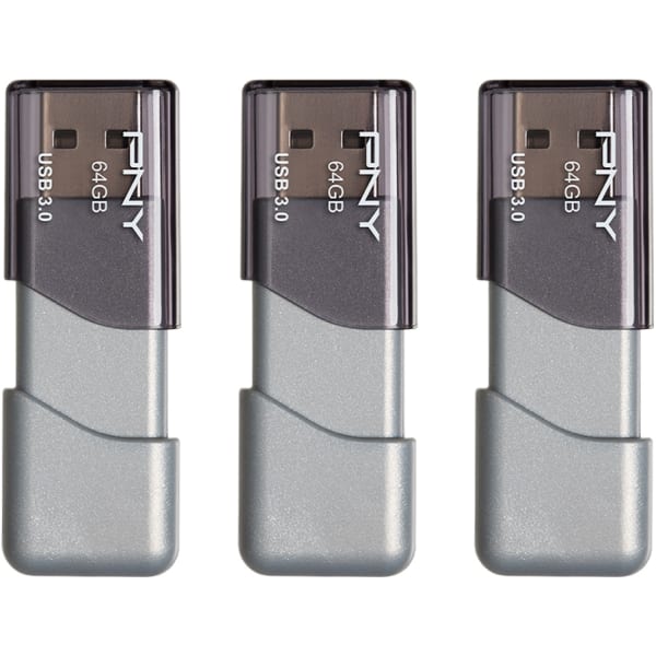 PNY Turbo Attache 3 USB 3.0 Flash Drive, 64 GB, Silver, Pack Of 3