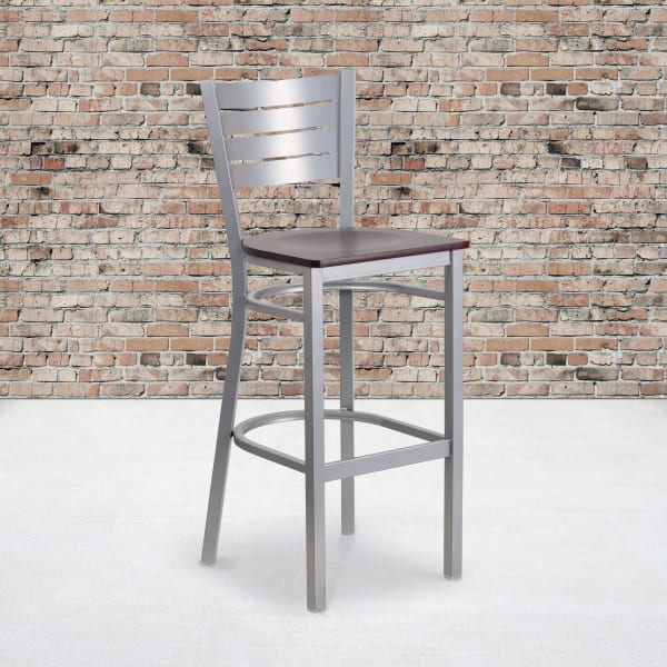 Flash Furniture Metal/Wood Restaurant Barstool With Slat Back, Mahogany/Silver