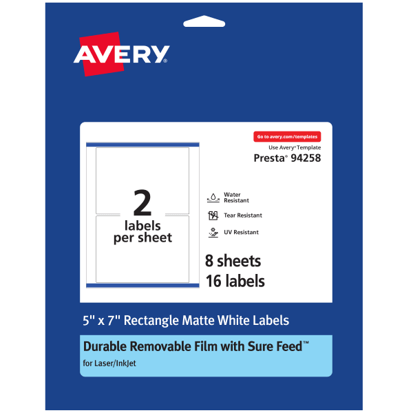 Avery Durable Removable Labels With Sure Feed, 94258-DRF8, Rectangle, 5in x 7in, White, Pack Of 16