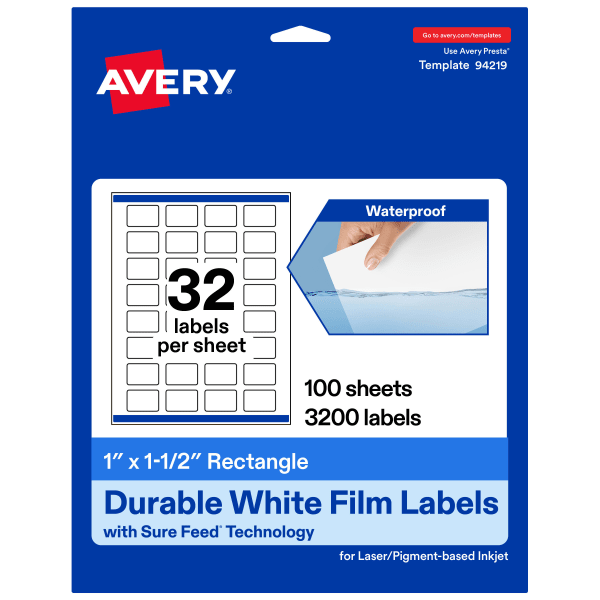 Avery Waterproof Permanent Labels With Sure Feed, 94219-WMF100, Rectangle, 1in x 1-1/2in, White, Pack Of 3,200