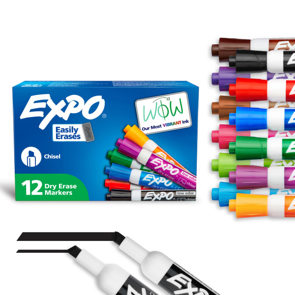 EXPO Low-Odor Dry-Erase Markers, Chisel Point, Assorted Colors, Box Of 12
