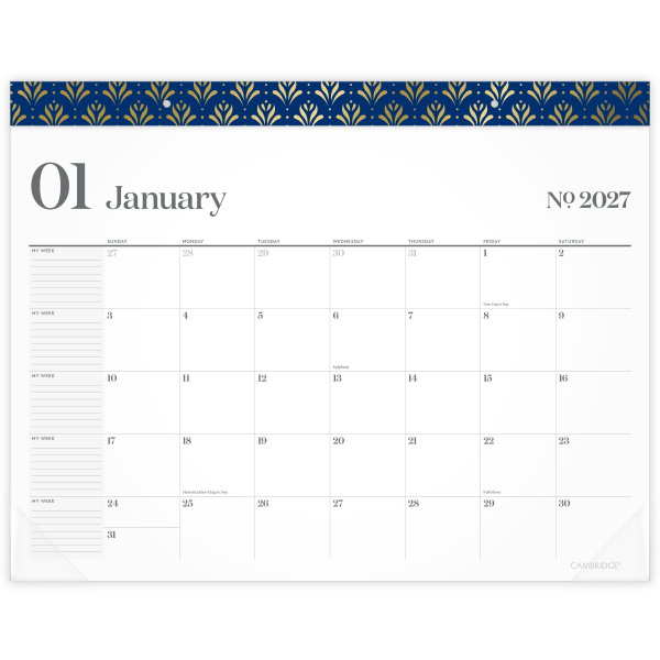 Mead Cambridge WorkStyle 2027 Monthly Desk Pad Calendar, Classic Navy, Standard, 21 3/4in x 17in