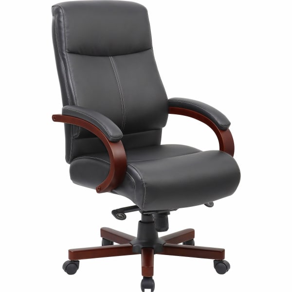 Lorell Executive Ergonomic Bonded Leather/Wood Chair, Black/Mahogany