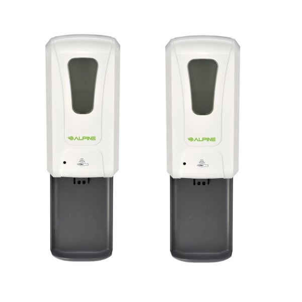 Alpine Industries 1200 mL Wall Mount Automatic Gel Hand Sanitizer Soap Dispensers With Drip Trays, White, Set Of 2 Dispensers