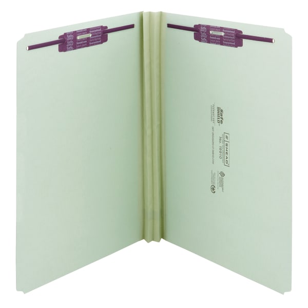 Smead Pressboard Fastener Folders With SafeSHIELD Coated Fasteners, 2in Expansion, Legal Size, Gray/Green, Box Of 25