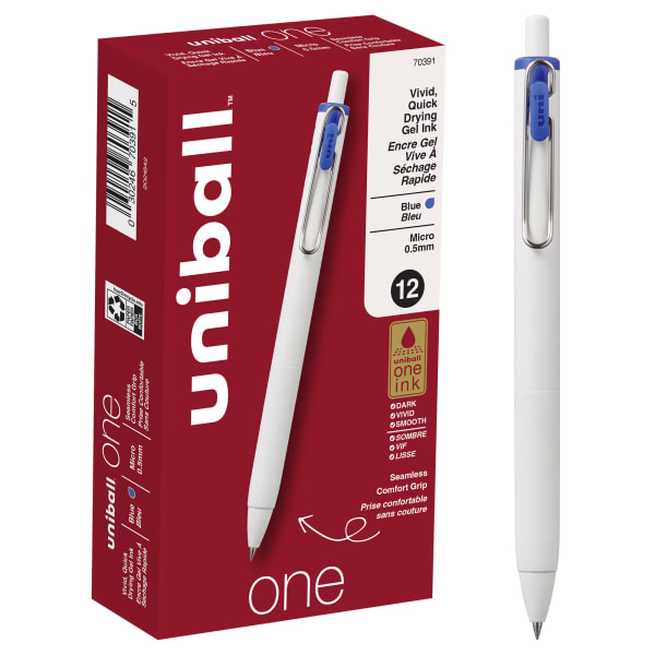 Uni-Ball One Retractable Gel Pens, Micro Point, 0.5 mm, White Barrel, Blue Ink, Pack Of 12 Pens