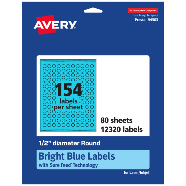 Avery Print-To-The-Edge Labels With Sure Feed Technology And Easy Peel Label Feature, 94503-BBP80, Round, 1/2in, Matte Bright Blue, Pack of 12320
