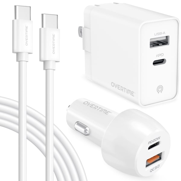 Overtime Wall And Car Charger Kit, 6ft, White, OHC6TC