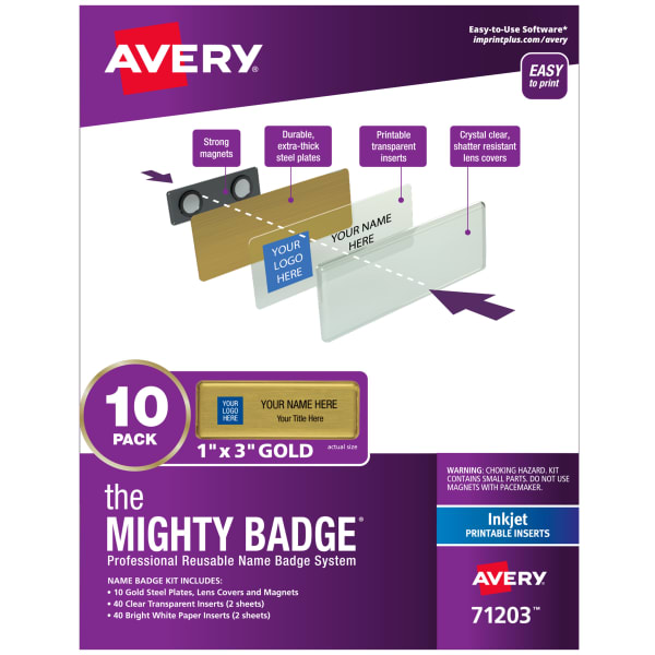 Avery The Mighty Badge Magnetic Badges For Inkjet Printers, 1in x 3in, Gold, Pack Of 10 Badges