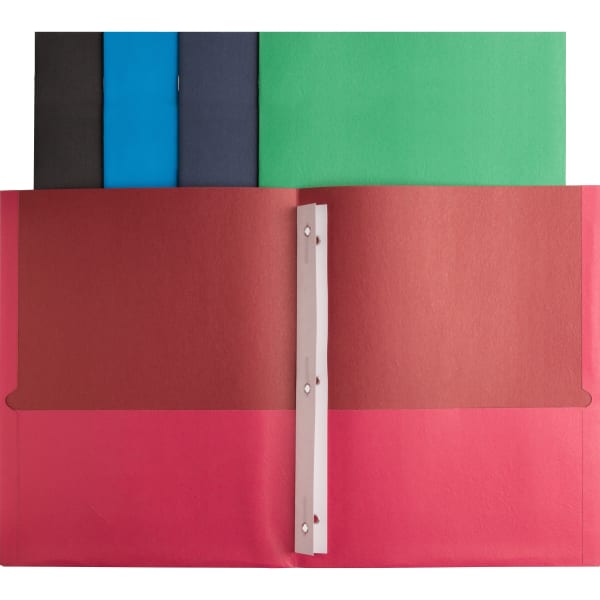 Business Source Letter Recycled Pocket Folder - 8 1/2in x 11in - 100 Sheet Capacity - 3 x Prong Fastener(s) - 2 Inside Front & Back Pocket(s) - Leatherette - Assorted - 35% Recycled - 25 / Box