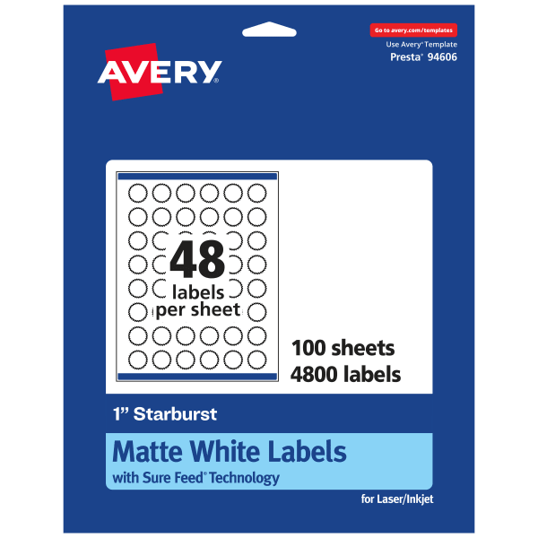 Avery Permanent Labels With Sure Feed, 94606-WMP100, Starburst, 1in, White, Pack Of 4,800