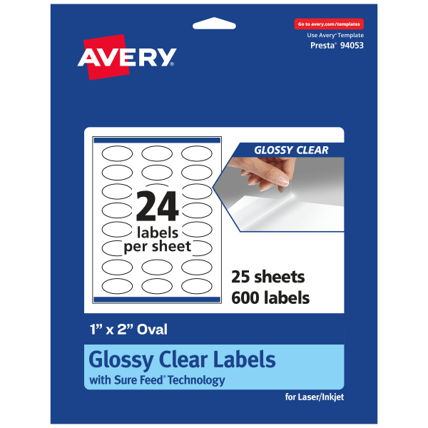 Avery Glossy Permanent Labels With Sure Feed, 94053-CGF25, Oval, 1in x 2in, Clear, Pack Of 600