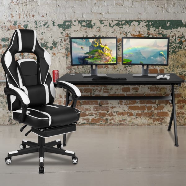 Flash Furniture Gaming Desk And Chair Set With Cup Holder, Headphone Hook, Removable Mousepad Top, Footrest & Reclining Back/Arms, White