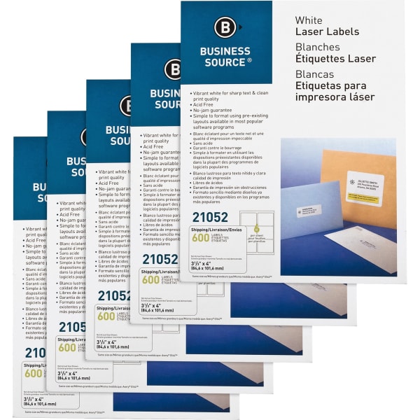 Business Source Bright White Premium-quality Address Labels - 3 1/3in Width x 4in Length - Permanent Adhesive - Rectangle - Laser, Inkjet - White - 6 / Sheet - 500 Total Sheets - Jam-free - 600/Pack - 5 / Carton