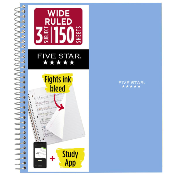 Five Star Wirebound Notebook, 8in x 10-1/2in, 3 Subject, Wide Ruled, 150 Sheets, Tidewater Blue