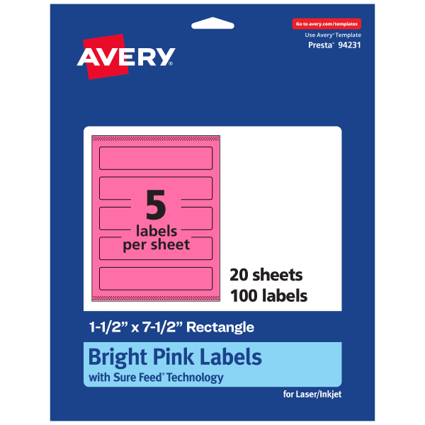 Avery Print-To-The-Edge Labels With Sure Feed Technology, 94231-BPP20, Rectangle, 1-1/2in x 7-1/2in, Matte Bright Pink, Pack of 100