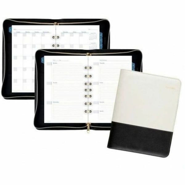 AT-A-GLANCE Weekly/Monthly Faux Leather Fashion Starter Set Planner, 5 1/2in x 8 1/2in, Black/Cream