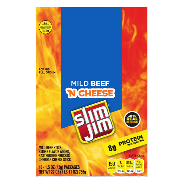 Slim Jim Beef And Cheese Packs, 1.5 Oz, Box Of 18 Packs