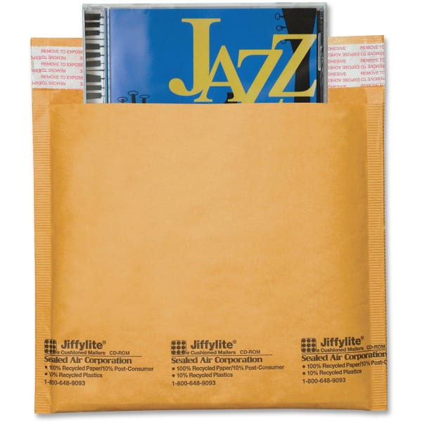 Sealed Air Jiffylite Self-Seal CD/DVD Bubble Mailers, 7 1/4in x 8in, 100% Recycled, Satin Gold, Pack Of 25