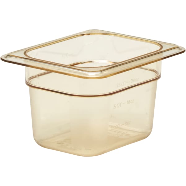 Cambro H-Pan High-Heat GN 1/8 Food Pans, 4inH x 5-1/8inW x 6-5/16inD, Amber, Pack Of 6 Pans