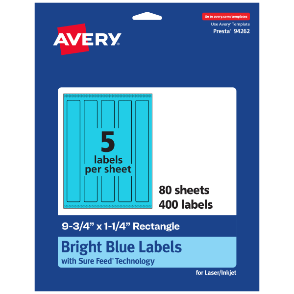 Avery Print-To-The-Edge Labels With Sure Feed Technology, 94262-BBP80, Rectangle, 9-3/4in x 1-1/4in, Matte Bright Blue, Pack of 400