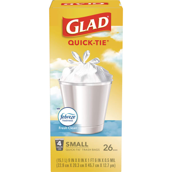 Glad OdorShield Quick-Tie Small Trash Bags, Tie-Flap, 4 gal, Febreze Fresh Clean Scent, 8 x 18, White, 26 Bags/Box, 6 Boxes/Carton