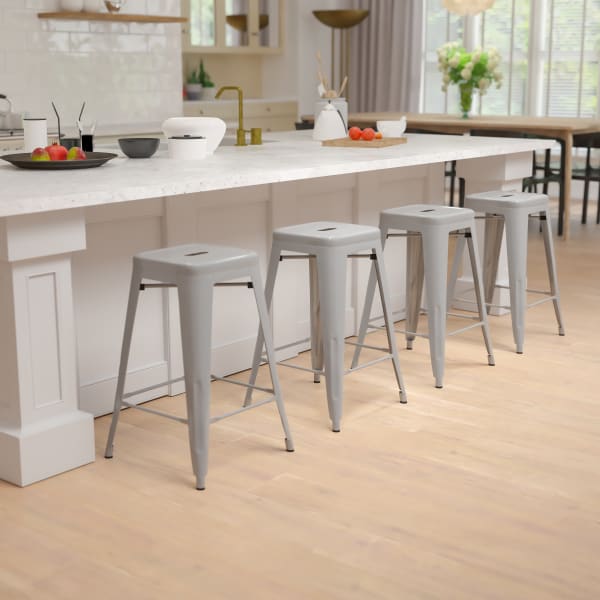 Flash Furniture 24in Metal Counter-Height Bar Stools, Set Of 4 Bar Stools, Silver