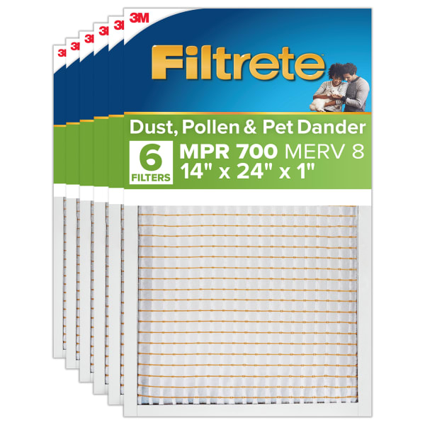 Filtrete 14 x 24 x 1 Air Filter, 6 HVAC Filters, MPR 700, MERV 8, Optimized HVAC Airflow, Dust, Pollen & Pet Dander, 3 Month AC and Furnace Filters