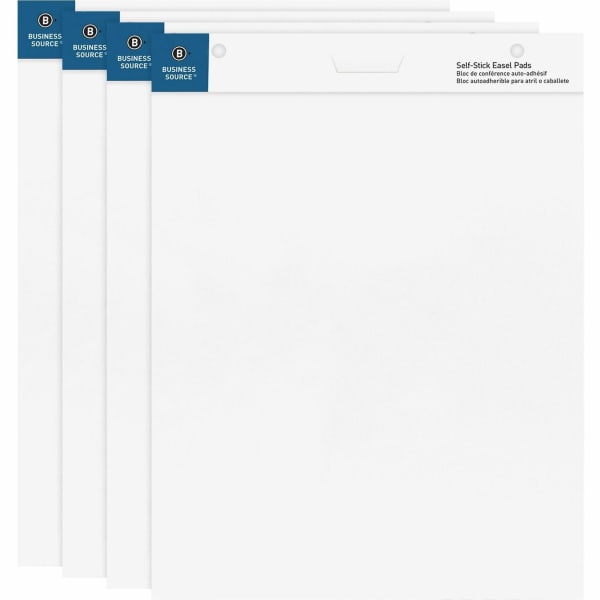 Business Source 25inx30in Self-stick Easel Pads - 30 Sheets - Plain - 25in x 30in Sheet Size - White Paper - Cardboard Cover - Self-stick - 4 / Carton