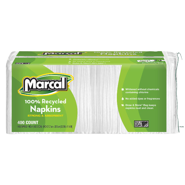 Marcal Luncheon Napkins, 11-3/8inH x 10-1/2inW, 100% Recycled, Pack Of 400