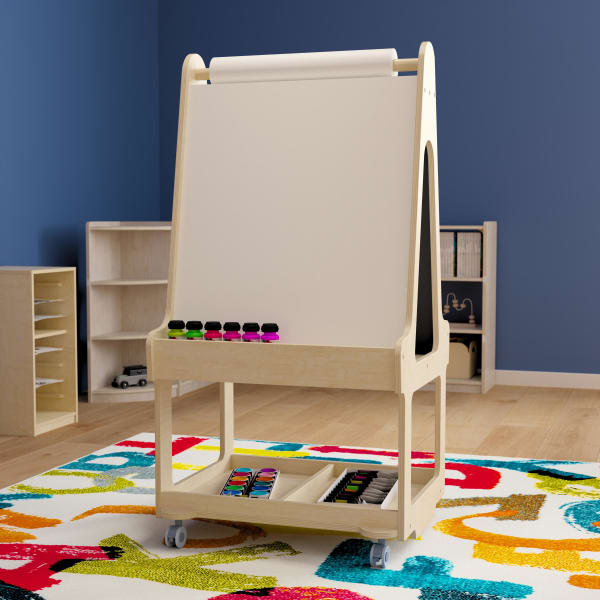 Flash Furniture Bright Beginnings Commercial Wood Dual-Sided Mobile 2-Person Art Station with Locking Caster Wheels And Bottom Shelf Storage, 48-1/4inH x 24-1/2inW x 22inD, Beech