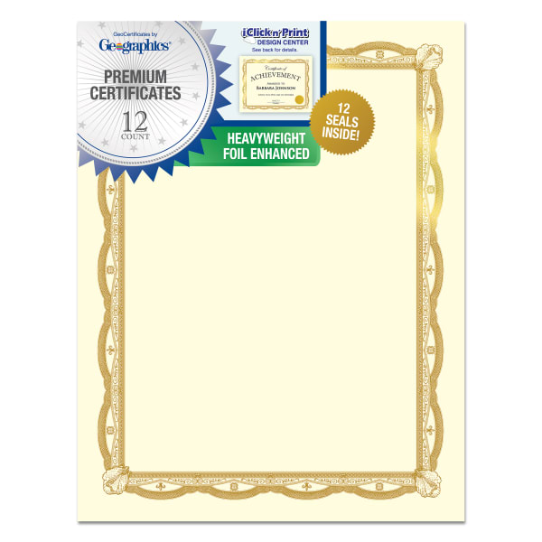 Geographics Heavyweight Certificates, 8-1/2in x 11in, Gold Foil, Pack Of 12