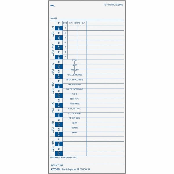 TOPS One-Side Weekly Time Cards - 4in x 9in Sheet Size - White Sheet(s) - Blue Print Color - 100 / Pack