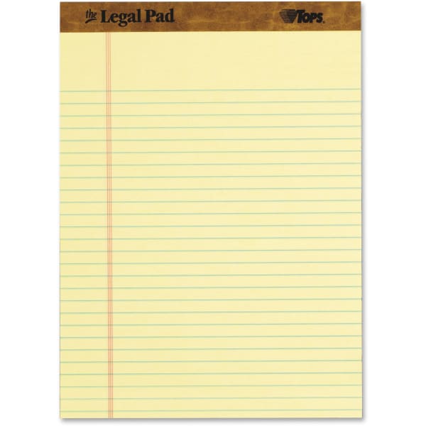 TOPS Legal Ruled Writing Pads - 50 Sheets - Stitched - Legal Ruled - 0.34in Ruled - Ruled - 16 lb Basis Weight - 8 1/2in x 11 3/4in - 0.60in x 11.8in8.5in - Canary Paper - Perforated, Chipboard Backing, Perforated, Acid-free, Sturdy Back, Heavyweight - 3