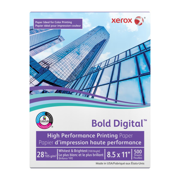 Xerox Bold Digital Printing Paper, 1 Ream, Letter Size (8 1/2in x 11in), 100 (U.S.) Brightness, 28 Lb, FSC Certified, Ream Of 500 sheets