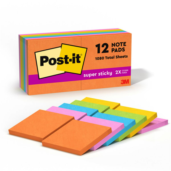 Post-it Super Sticky Notes, 12 Pads, 3 in x 3 in, 2x the Sticking Power, School Supplies and Office Products, Sticky Notes for Vertical Surfaces, Monitors, Walls and Windows, Energy Boost Collection
