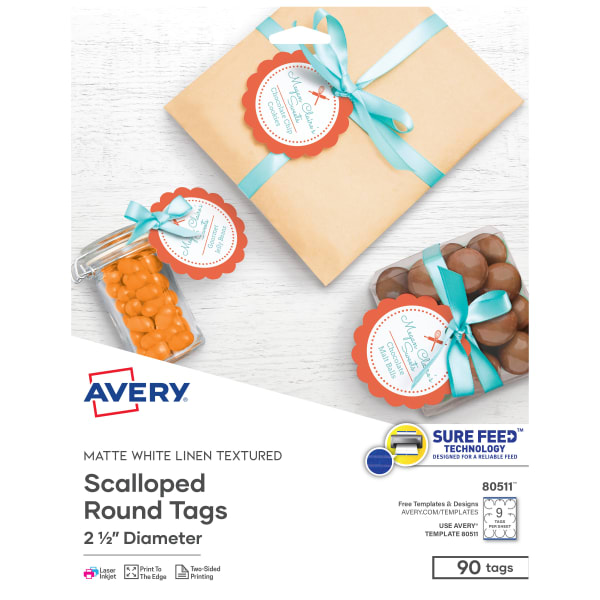 Avery Printable Textured Scallop Round Tags, 2 1/2in diameter, White, Pack of 90