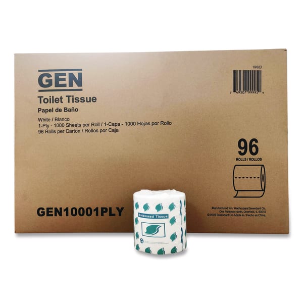 GEN Standard Bath Tissue Small RolL, Septic Safe, 1-Ply, White, 1,000 Sheets/Roll, 96 Rolls/Carton