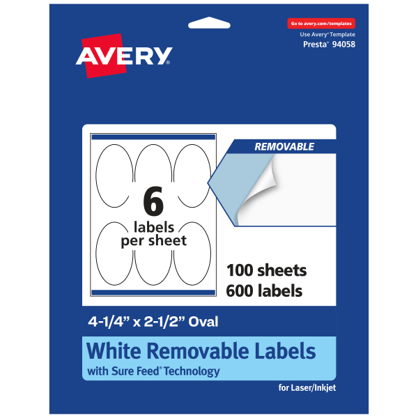 Avery Removable Labels With Sure Feed, 94058-RMP100, Oval, 4-1/4in x 2-1/2in, White, Pack Of 600 Labels