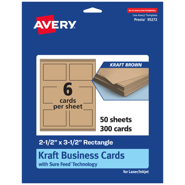 Avery Printable Business Cards With Sure Feed Technology, 95272-KMC50, Rectangle, 2.5in x 3.5in, Kraft Brown, Pack Of 300
