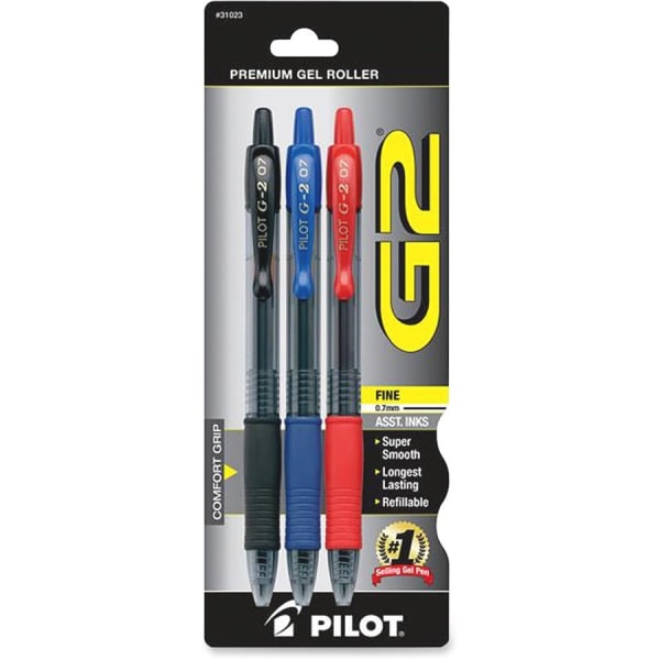 Pilot G2 Retractable Gel Ink Pens, Fine Point, 0.7 mm, Assorted Barrel Colors, Assorted Ink Colors, Pack Of 3 Pens