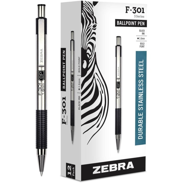 Zebra Pen F-301 Stainless Steel Retractable Ballpoint Pens, Pack Of 12, Bold Point, 1.6 mm, Silver Barrel, Black Ink