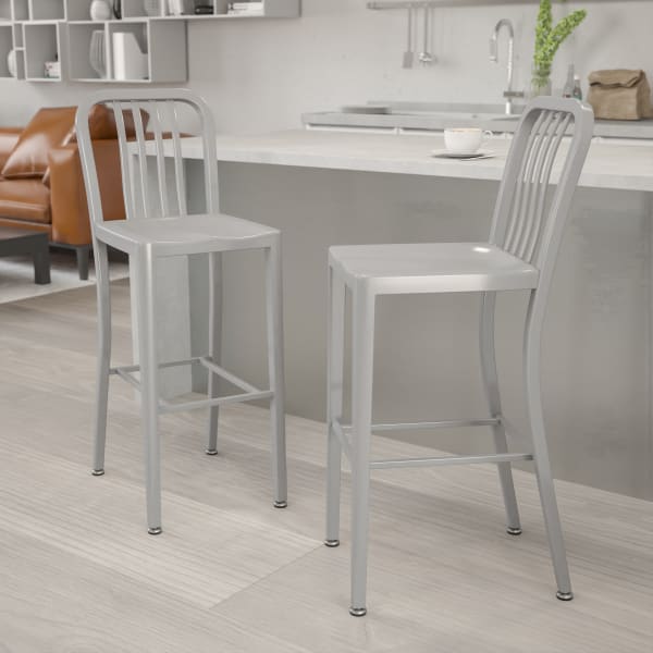 Flash Furniture Commercial-Grade Indoor/Outdoor Bar Stools With Vertical Slat Backs, Silver, Set Of 2 Stools