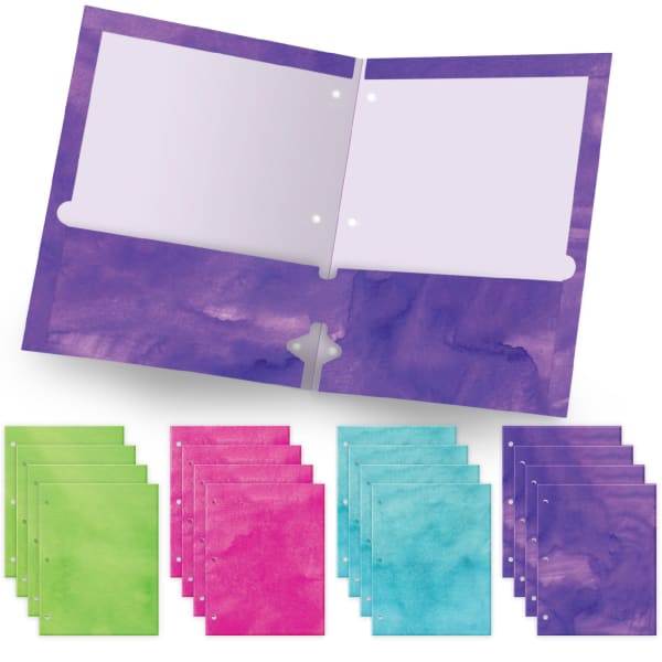 Global Deluxe Designer 3-Hole Punched 2-Pocket Folders, Letter Size, Assorted Watercolor Solid Patterns, Pack Of 16 Folders