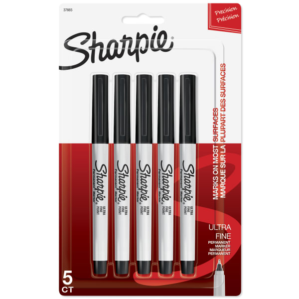 Sharpie Permanent Ultra-Fine Point Markers, Black, Pack Of 5 Markers